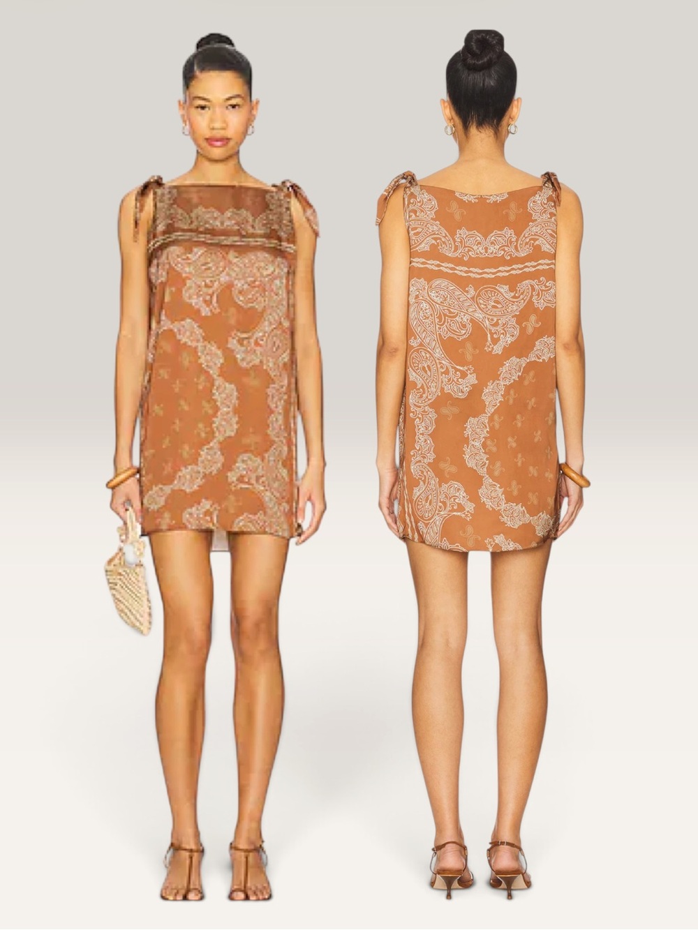 Rococo Sand Rust Paisley Tie-Shoulder Mini Dress Brown Satin Boho Resort M